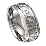 Men's 8mm Hammered Ring in Titanium with Polished Beveled Edges Sizes 7-15
