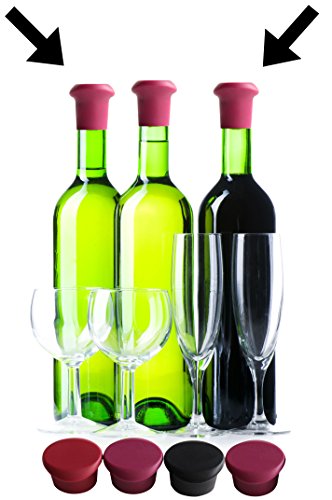 VinoPlease 4 Wine Stoppers - Reusable Silicone Caps to Seal Bottles