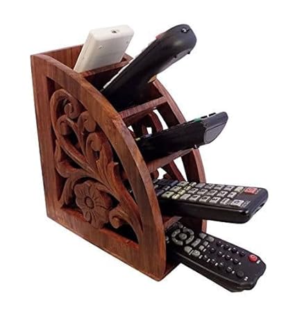 RGRANDSONS Wooden Remote Control Storage Holder Stand Organizer Rack Flower Design (Brown)