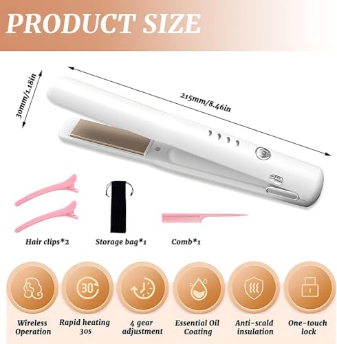 Cordless Hair Straighteners – Rechargeable Portable 2-in-1 Straightener and Curler, Travel-Friendly with 4 Temperature Levels, Fast Heat-Up for Home and Travel Use (White)