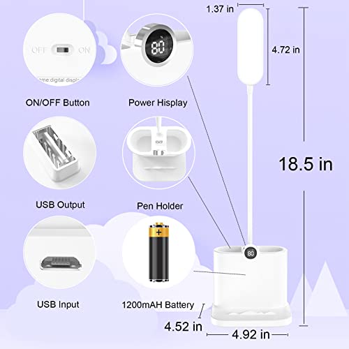 GEEKBOY LED Desk Lamp with USB Charging Port, Power Display Table Lamp with 2 Pen Holders & 360° Adjustable Arm, 3 Color Modes Stepless Dimming Rechargeable Desk Lights for Home Office Dorm