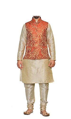 inyour men's silk red gold waiscoat,multi dupin kurta pajama set_inyour-tr3096wcp