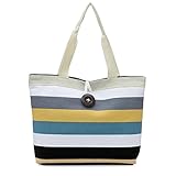 Perman Fashion Ladies Colored Stripes Shopping Wristlet Shoulder Handbag Canvas Bag Tote Purse (Khaki )