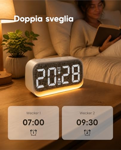 Rizeola Digital Alarm Clock, LED Bedside Alarm Clock with Light, Digital Bedside / Desk Clock, Mains Powered, Battery, Adjustable Brightness, Snooze Function