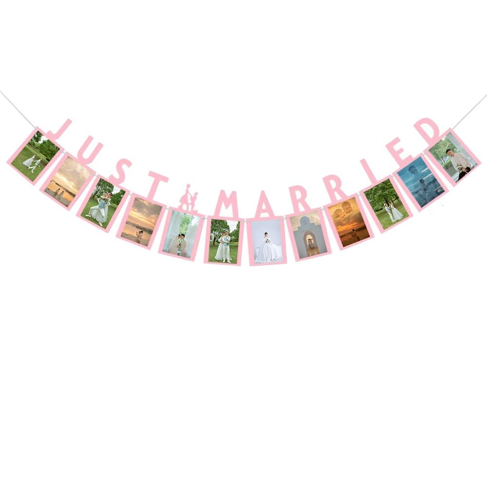 Photo 1 of Just Married Photo Banner Pink Wedding Reception Party Car Wall Decorations, Just Married Picture Banner for Wedding, Bridal Shower, Bachelorette Party