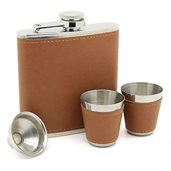 SHOPEE BRANDED jd set Wine Holder / Whiskey Holder / Liquor Holder with Hip Flask Stitched Leather And Stainless Steel Hip Flask (230 ml),Brown (SHOT GLASS NOT COVER IN LEATHER)