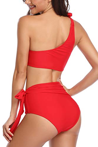 Almaree Woman's One Shoulder Tie Front Two Piece Bathing Suit Crop Top Swimsuit Red L