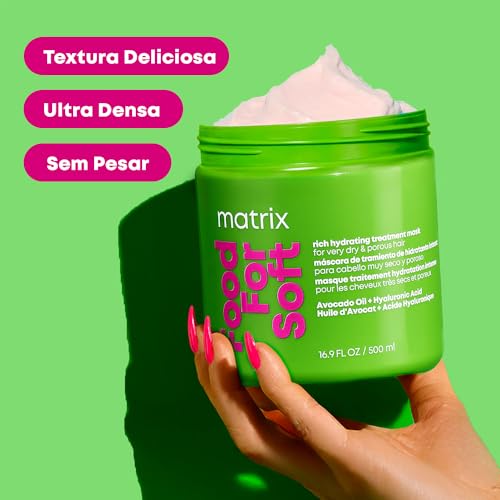 Matrix Food For Soft Máscara Capilar Hidratante, Com Ácido Hialurônico e Óleo de Abacate, Hidratação Profunda, Brilho e Maciez, Fórmula Vegana, Para Cabelos Secos, 500ml