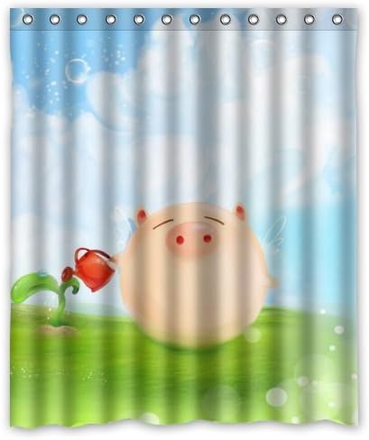60"(W) x 72"(H) 100% Polyester Cute Pig Wallpaper Waterproof Bath Curtain