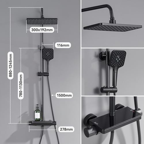 Auralum Thermostatic Shower Column with Glass Shelf, Thermostatic Mixer Tap and Shower Canopy Wide 12", 3 Water-Saving Jets - Complete Kit