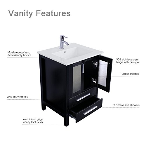 eclife 24" Bathroom Vanity Sink Combo W/Overflow White Drop in Ceramic Sink Top & Black MDF