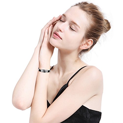 MOWOM Silver Tone Black Stainless Steel Rubber Bracelet Bangle Cuff Greek Adjustable - Thumbnail 5