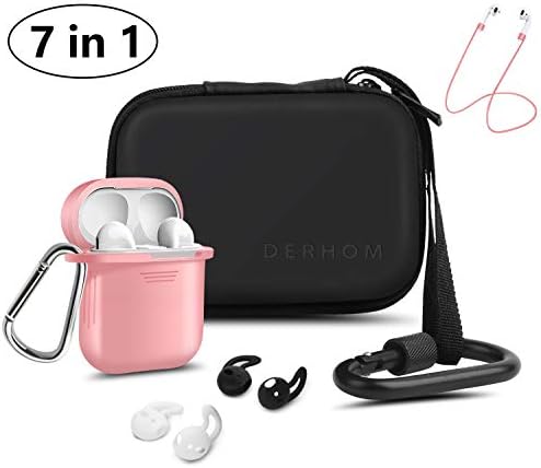 Airpods Accessories - Derhom Airpods Waterproof Silicone Hang Case Cover with Anti-lost Strap, Earhooks, Keychain, Headphone Accessories Storage Travel Bag for Apple Airpod (Pink)