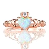 GEMSME Rose Gold Flashed Created 6mm White Heart Opal Cubic Zirconia Crown Ring