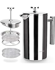 Secura French Press Coffee Maker, 304 Grade Stainless Steel Insulated Coffee Press with 2 Extra Screens, 34oz (1 Litre), Silver