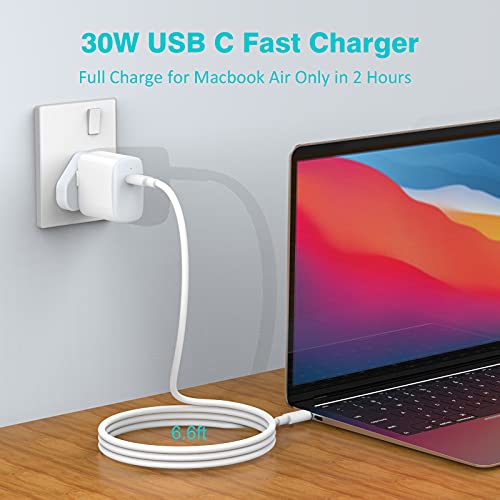 30W USB C Charger Compatible witch MacBook air 13 12 inch, iPad Pro 13, 12.9, 11 inch 2024 2023 2022 2021 2020 2019 M4 M2 M1, iPad Air 5 4, Mini 6, iPad 10, iPhone 15, Pixel 8 7, 2M/6.6FT USB-C Cable