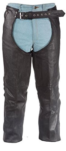 MEN'S MOTORCYCLE BLK LEATHER CHAP WTIH 4 POCKETS REMOVABLE LINER FULL ZIPPER (L Regular)