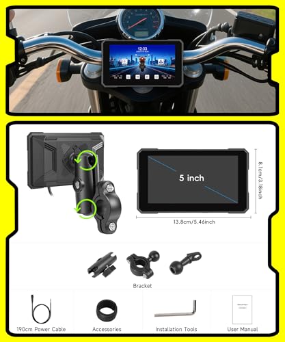 Rimoody Wireless Carplay Display Motociclo Android Auto,5" Touchscreen Car play Autoradio Portatile per Motorbike CarPlay Monitor per Moto Bluetooth/IP68 Impermeabile/Monitoraggio pressione pneumatici