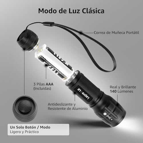 Lighting EVER Linterna LED de Alta Luminosidad con Zoom Ajustable, IPX4 Resistente al Agua, Compacta y Portátil – para Camping, Senderismo, Emergencias, Incluye Baterías AAA
