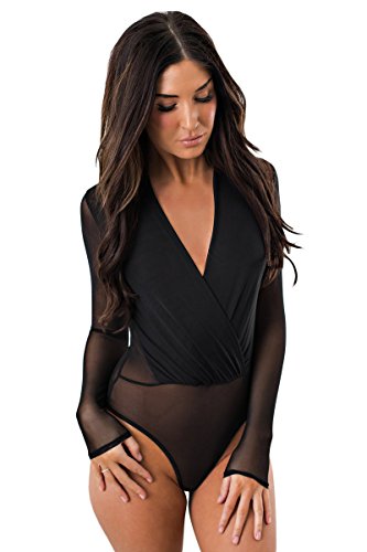 NBBNYJ-Body-Donna-Sexy-Estivi-Sheer-Nero-V-Collo-Manica-Lunga-Bodysuit-Blusa-Camicie-Top-Tuta-Abbigliamento
