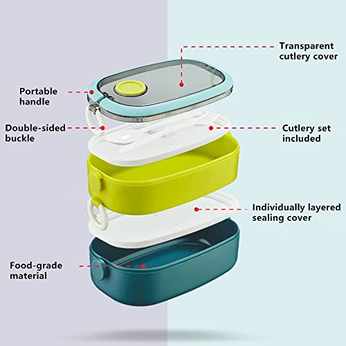 Lille Home 2-Tier Stackable Plastic Leakproof Microwavable Bento Lunch Box/Jumbo Size Food Container with Cutlery Set, BPA Free, 54oz (Blue)