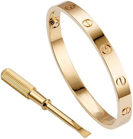 Brand New Stainless Steel Screw Head Design Oval Love Bracelets Bangle for Women Men with Screwdriver Yellow Gold Rose Gold Silver Finish (6.3"inches rose gold No stone)