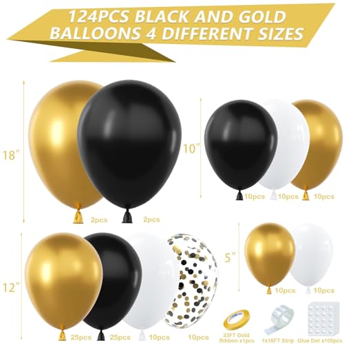 Black and Gold Balloon Arch Garland Kit, 124pcs Including Black, White, Gold, and Black Confetti Balloons, Ideal for New Year’s Eve Party, Graduation, Birthday, Wedding, Baby Shower Decorations