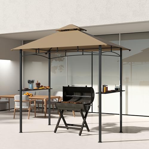 Outsunny 8' x 5' BBQ Grill Gazebo Tent with Double Tiered Canopy for Outdoor Sun Shade, Khaki
