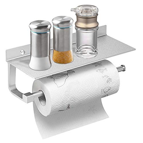 Hoimpro Paper Towel Holder Wall Mounted for Kitchen 13 Inch, Bathroom Tissue Roll Hanger with Mobile Phone Storage Shelf,Space Aluminum, Wall Mount with Screws, Dull Polished Silver - Thumbnail 7