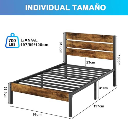 Marco de Cama Individual con Cabecera y Pie de Cama, Base de Cama con Cabecera Individual Espacio de Almacenamiento Debajo de Cama, Base Cama con Sistema de Soporte Totalmente de Metal, Fácil Montaje