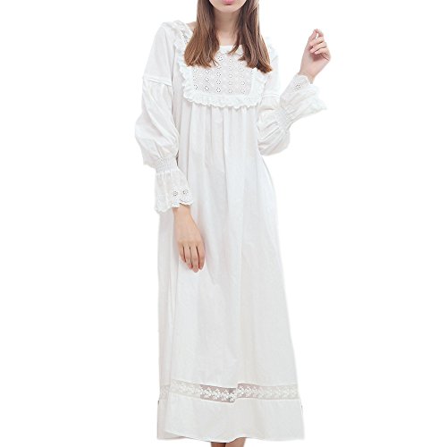 Singingqueen Women White Cotton Nightgown Pajamas Long Sleeve Nightdress Babydoll Sleepwear Victorian Loungewear (White, Medium)