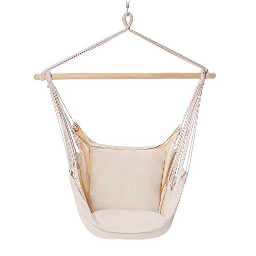 MadyStore Hanging Rope Hammock Chair Swing Seat, Large Brazilian Hammock Net Chair Porch Chair for Yard, Bedroom, Patio, Porch, Indoor, Outdoor - 2 Seat Cushions Included (Beige)