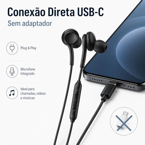 Fones De Ouvido Com Fio Tipo C Intra Auricular Microfone Integrado Compativel iPhone 15 15 Pro 15 Pro Max 16 16 Pro Max Com Fio Fones Estéreo Compatíveis ANDROID LG Qualidade Premium
