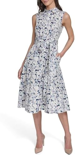 calvin klein blue tweed dress Calvin Klein Jewel-neck Sleeveless Belted Tweed Midi Dress in Blue