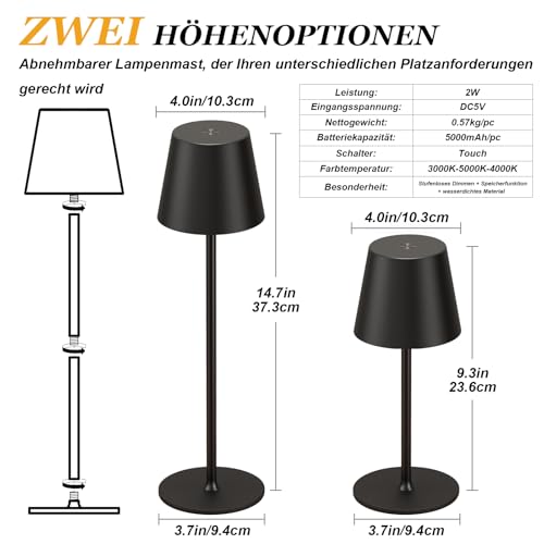 PreeOtti Wireless Table Lamp, Set of 2, Battery LED Table Lamp, Bedside Lamp, Touch Dimmable with 3 Colour Temperatures, Table Lamp with USB-C Rechargeable for Outdoor Bedside Table, Dining Table, Camping (Black)