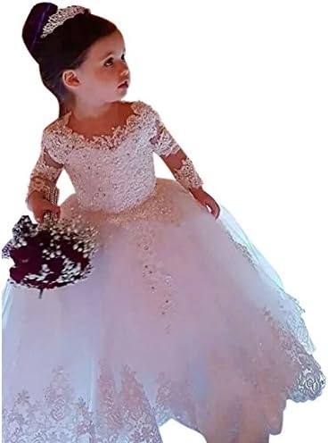 QueenBridal Long Sleeve Lace Ball Gown First Communion Dress Flower Girl Dresses