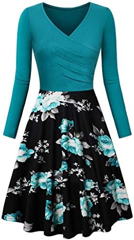 TIFENNY Women's Vintage Casual Dresses Fashion Long Sleeve V-Neck Print Evening Party Prom Swing Dress Tops