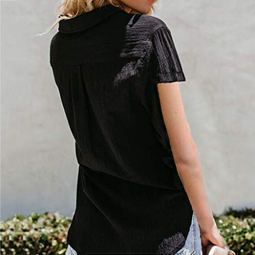 Sunhusing Women's Solid Color V-Neck Casual Button Buckle Short Sleeve Shirt Joker Office T-Shirt Black - Thumbnail 2