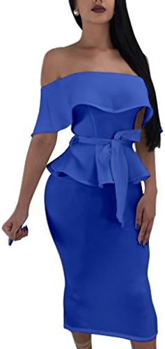 Darceeneth Women Elegant Off Shoulder Ruffle Cocktail Party Midi Dress Suit Bodycon Skirt Two Piece Set Blue L