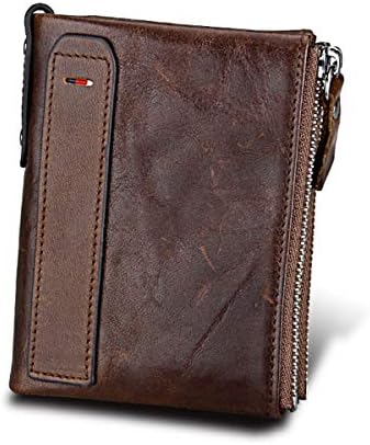 Men RFID Blocking Wallet Small Vintage Genuine Leather Short Purse Bifold with Double Zipper Pockets