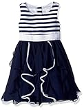 Youngland Little Girls' Sleeveless Striped Bodice Corkscrew Party Dress, Navy/White, 6