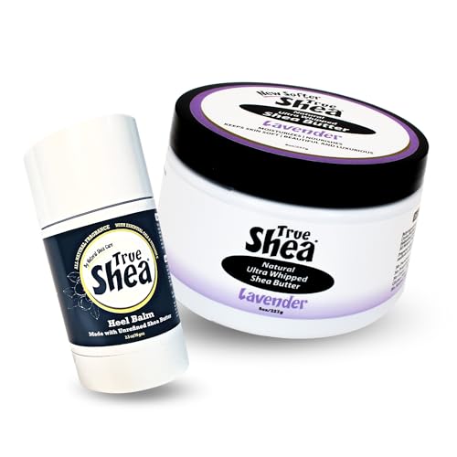True Shea - 1 Heel Balm(2.5 oz) + 1 Lavender Whipped Shea Butter(8 oz) Moisturizing Beauty Bundle, Feet Moisturizer for Cracked Heel, Shea Butter with Sunflower Oil & Coconut Oil for Skin