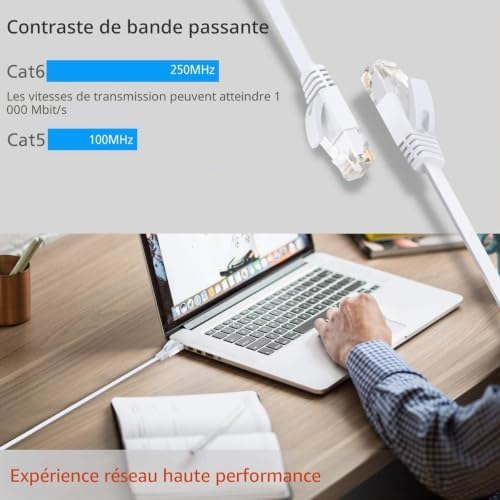 Câble Ethernet 15m Cat 6 Plat Câble Ethernet Réseau Haut Débit RJ45 Câble LAN Gigabit Ethernet 1Gbps 250MHz Haut Débit UTP câble de Patch Compatible avec Routeur Modem Switch TV Box, Blanc