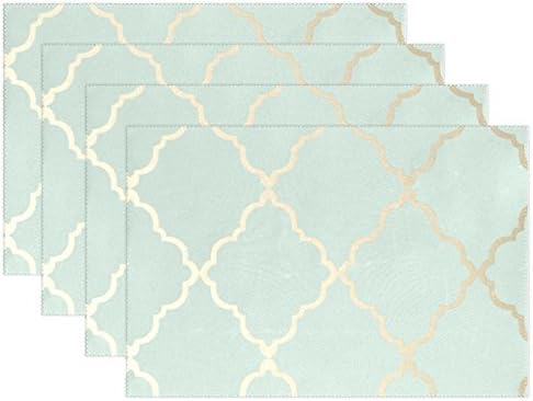 LAVOVO Placemats, Plate Holder Set of 4, Heat-resistant Stain Resistant Trellis Metallic Gold Aqua Blue Table Mats for Kitchen 12"x18"