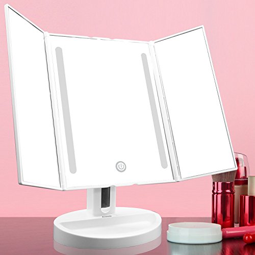 Auxmir Trifold LED Lighted Makeup Mirror, Vanity Mirror with 10X Magnifying Spot Mirror, Dimmable, Touch Screen, Auto Off, 180° Rotation Tabletop Cosmetic Mirror for Makeup, Shaving and Facial Care - Thumbnail 6