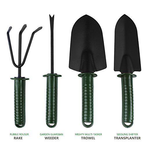 BlueStraw 5 Pieces Garden Tool Set Gardening Gifts Tools Including Rake, Weeder, Transplanter,Trowel, Garden Tote Heavy Duty Heads with Ergonomic Handles for Easy Fun Gardening