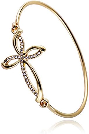 RUXIANG Crystal Cross Bangle Simple Knot Hook Opening Bracelet,God Bless You(gold)