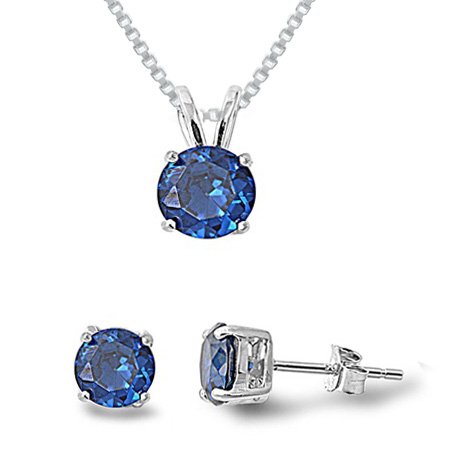 Sterling Silver Round Cut Simulated Blue Sapphire Necklace & Earrings Set-16IN
