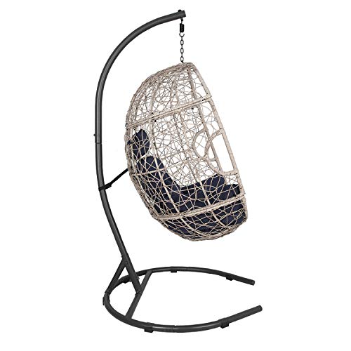 Ulax furniture Outdoor Patio Wicker Hanging Basket Swing Chair Tear Drop Egg Chair with Cushion and Stand (Navy)