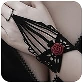 fxmimior Black Lace Bracelet with Ring Bangle Bracelet Gothic Halloween Black Crystal Charm Steampunk Lace Black Chain Red Flower Tassel Bracelet Rings for Women